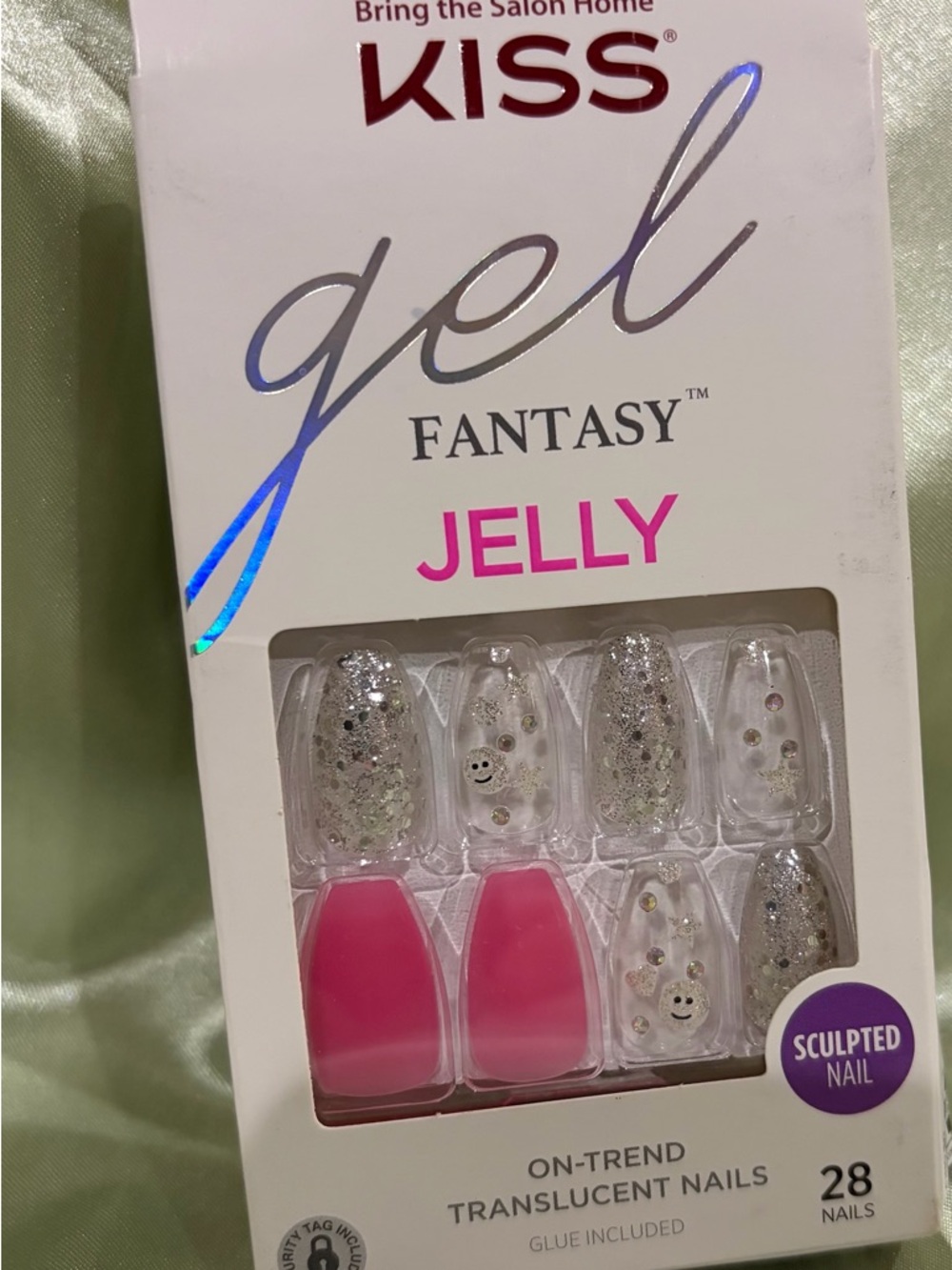 KISS Gel Fantasy Jelly Pink & Silver Smiley Face Sculpted Nails- Medium